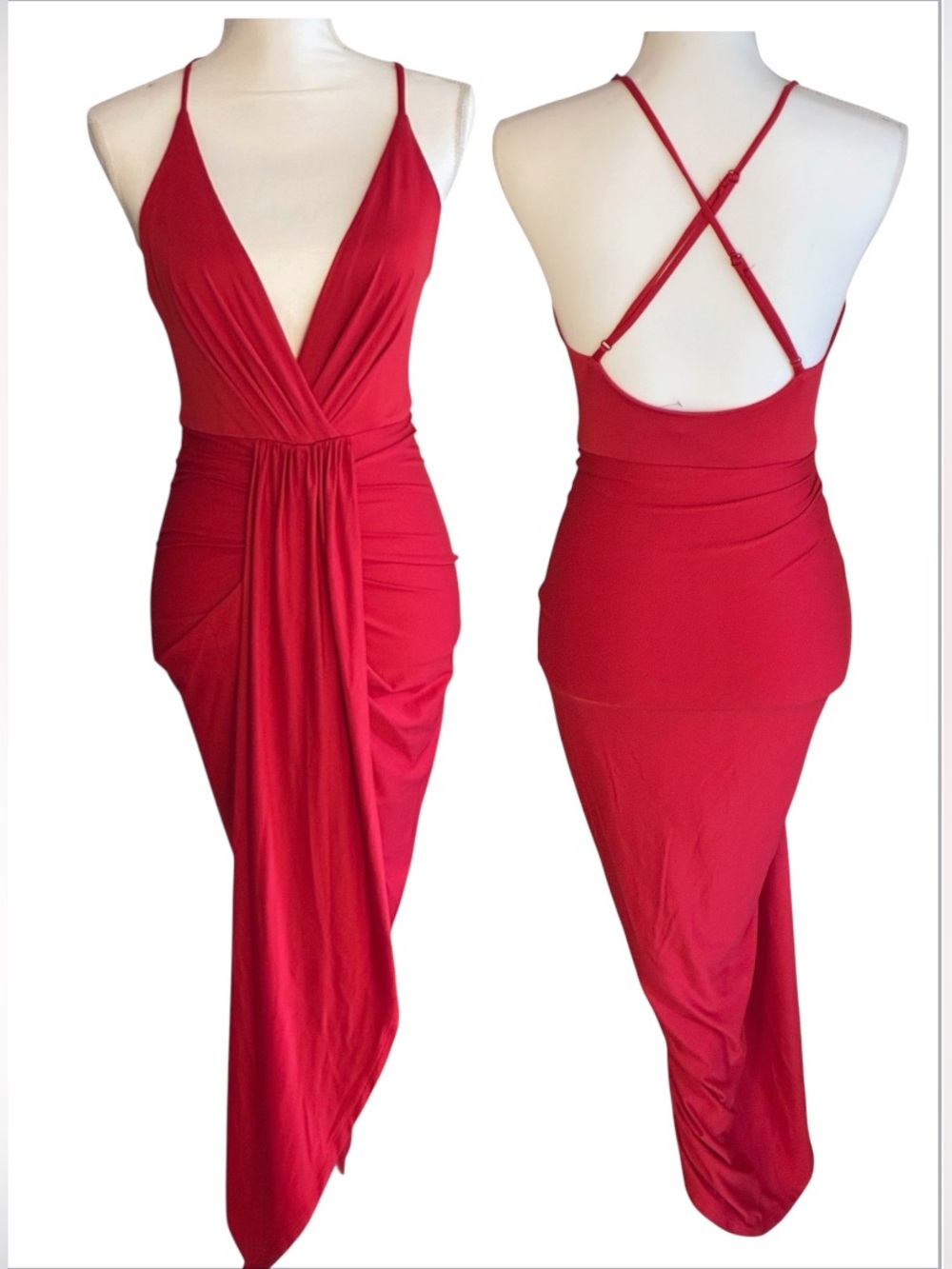 Miss Avenue Bright Apple Red Plunge Stretch V-Neck Bodycon Midi Dress Sz S